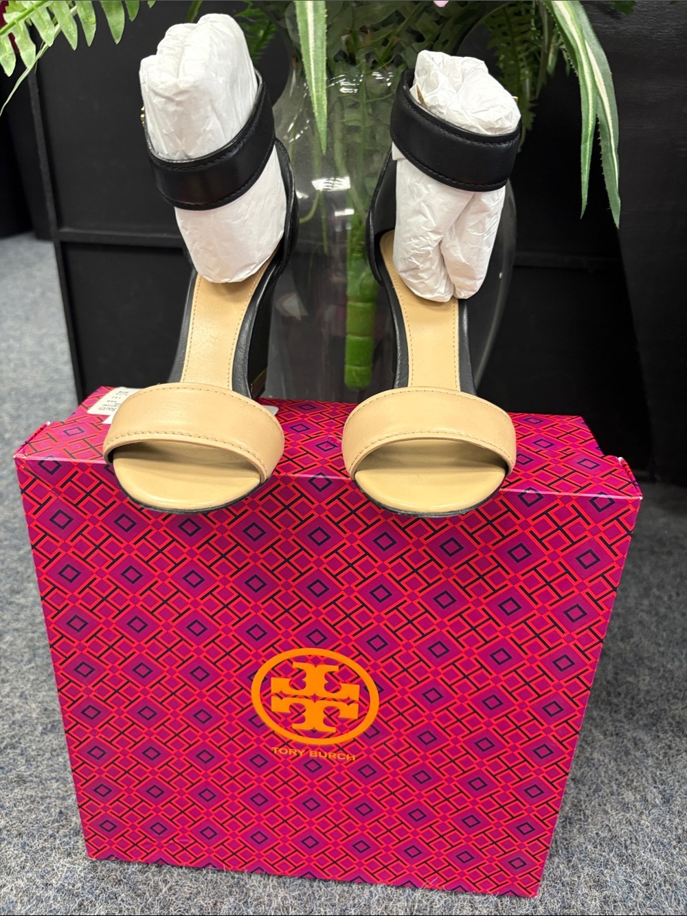Tory Burch Two-Tone Open-Toe Ankle Strap Heels in Beige and Black